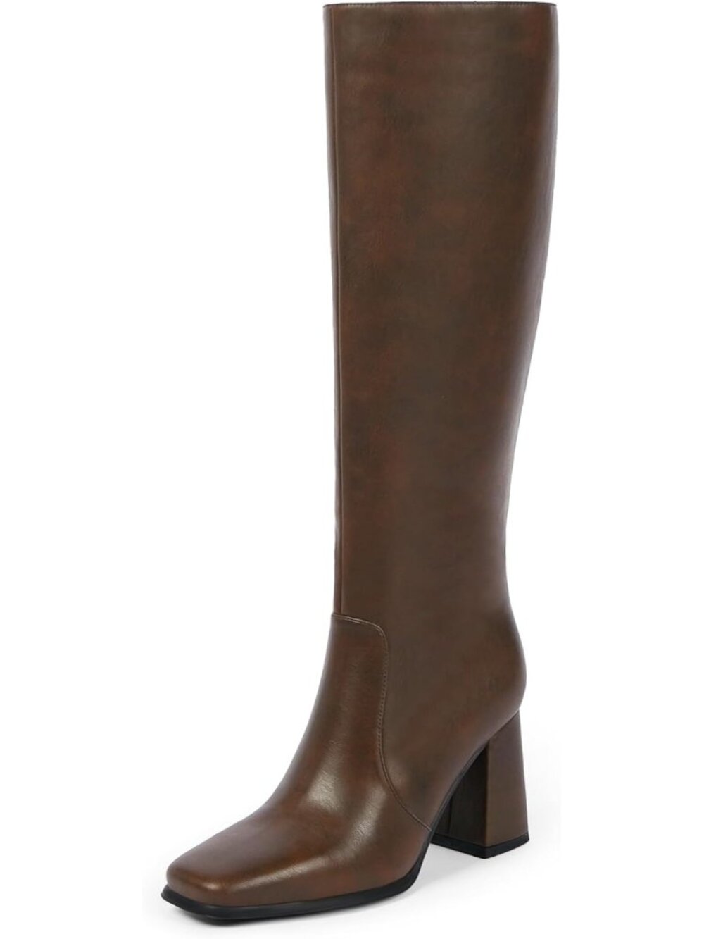 Women's Retro Brown Square Toe Chunky Heel Side Zipper Knee High Gogo Boot Shoes